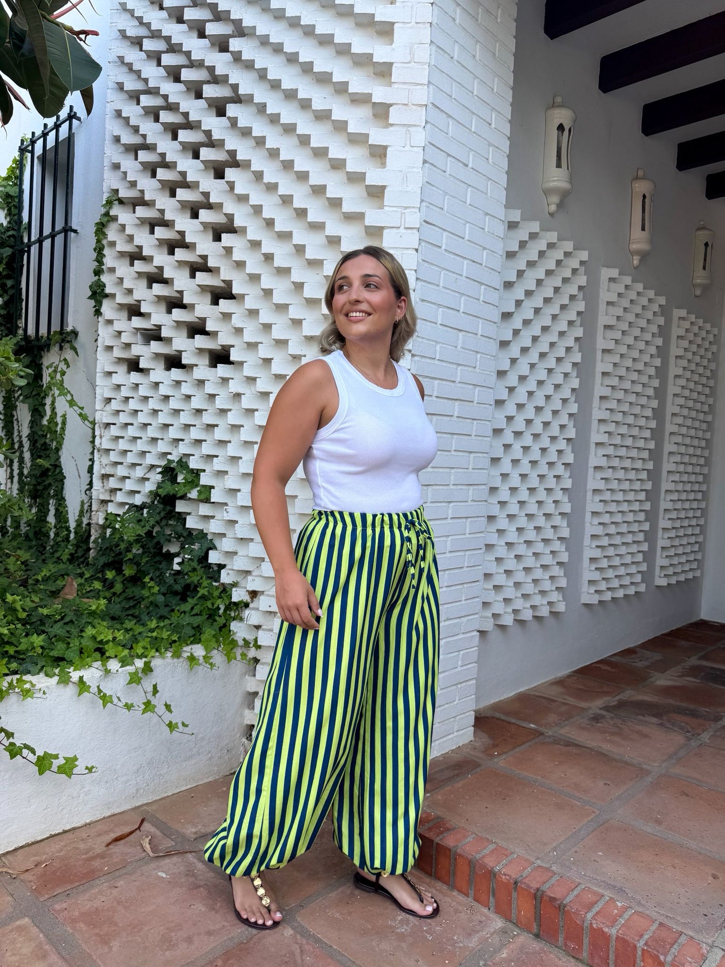 Pantalon globo rayas azul/lima