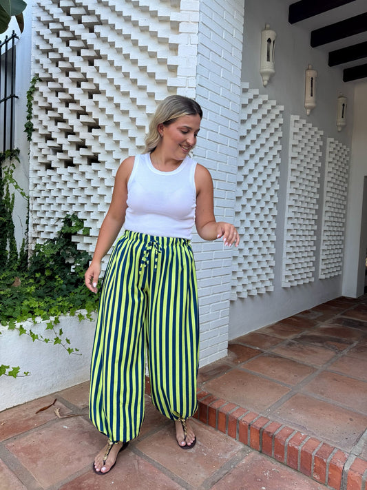Pantalon globo rayas azul/lima